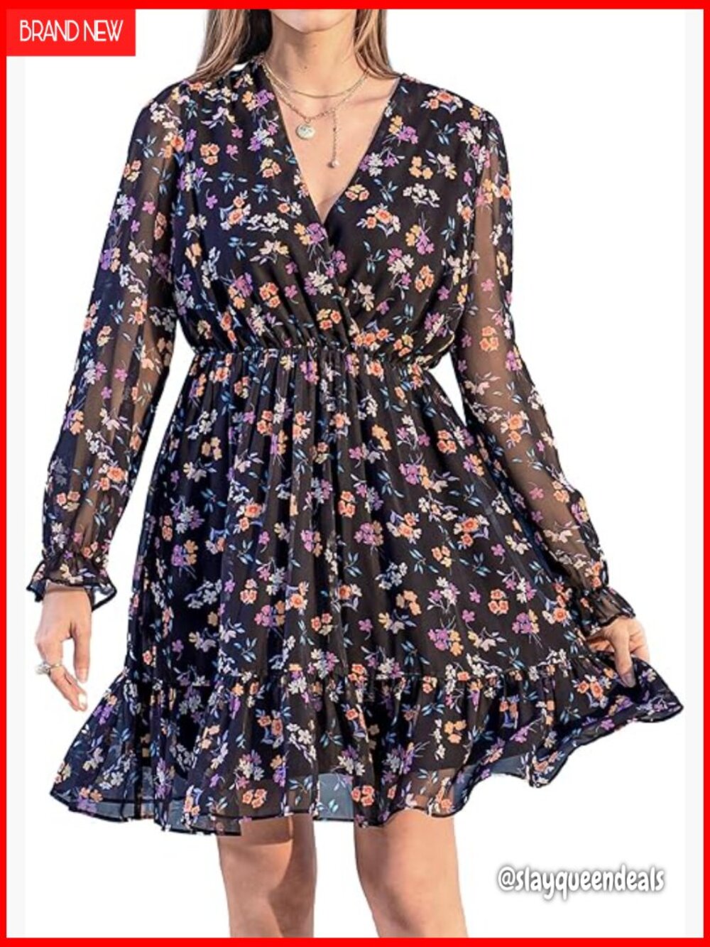 Mini Flowy Spring Dress, V Neck Sheer Long Sleeves Chiffon Dress with Lining